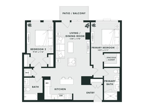 A floor plan of a house with a living room, two bedrooms, a bathroom, a kitchen, and an entry.